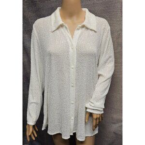 COLLEEN LOPEZ S RELAXED FIT WHITE  SEQUIN CHIFFON BUTTON COLLARED L/S TOP
